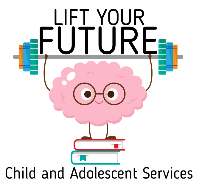 Lift Your Future Child and Adolescent Services Logo,
        A cartoon brain wearing glasses is standing on books, lifting a
        large dumbell high above its head.